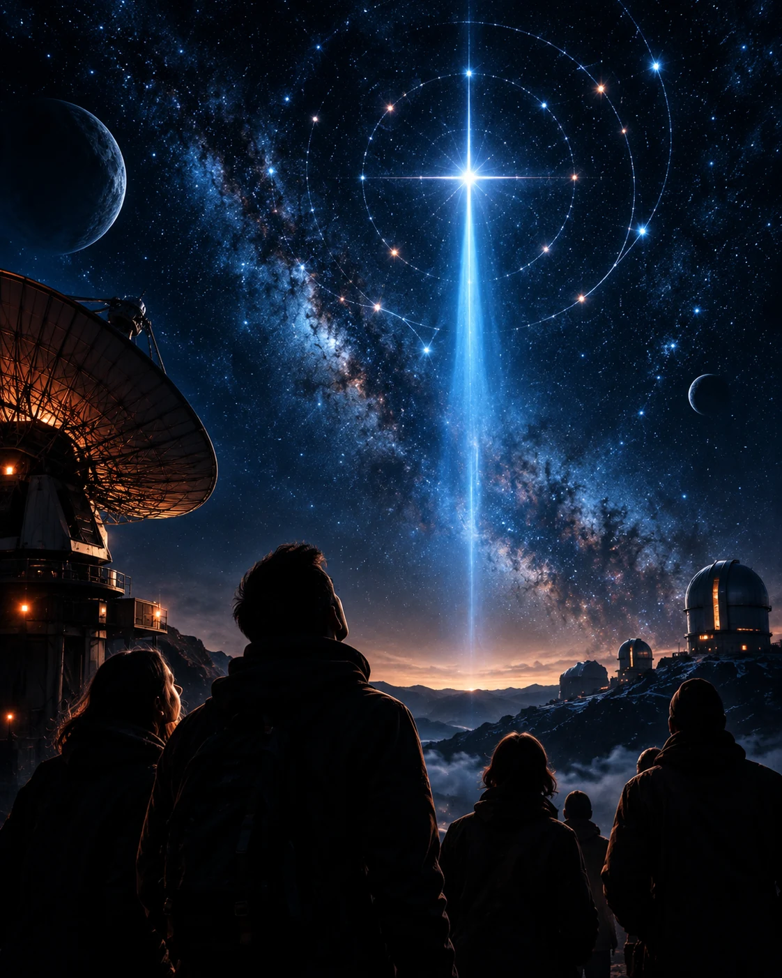 Witnesses at an observatory watching a luminous recognition signal in the night sky